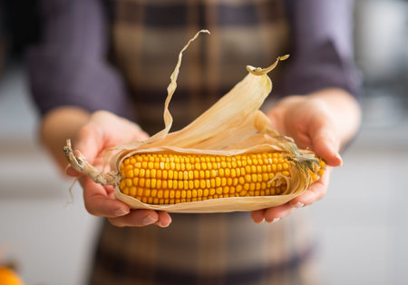 Closeup on young housewife showing corn