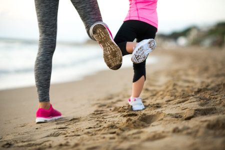 Closeup on healthy mother and baby girl workout on beach in the eveningの写真素材