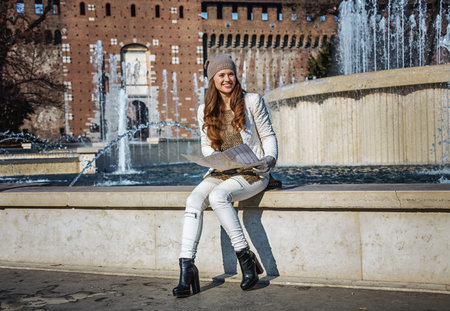 Rediscovering things everybody love in Milan. Full length portrait of smiling trendy woman near...