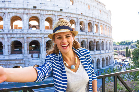 Roman Holiday. happy elegant traveller woman in Rome, Italy taking selfieの写真素材