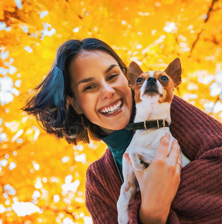 Portrait of happy young woman with dog outdoors in autumnの写真素材
