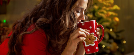 Christmas cookies are wonderful way to enjoy the spirit of the season. Happy young woman having a cup of hot chocolate with marshmallows and cookie in the front of Christmas treeの写真素材