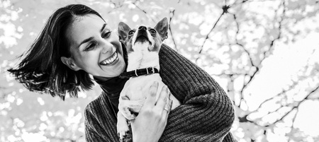 Portrait of young happy woman with little cute dog in autumn park with yellow leavesの写真素材