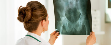 Doctor woman looking on fluorography. rear view