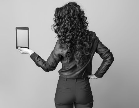 Seen from behind trendy woman with long wavy brunette hair showing tablet PC blank screen on...