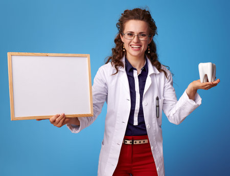 smiling doctor woman in white medical robe showing a tooth and blank board isolated on blueの写真素材