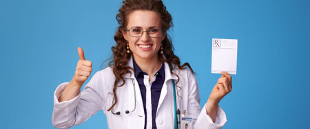 happy medical practitioner woman in white medical robe with prescription showing thumbs up isolated...