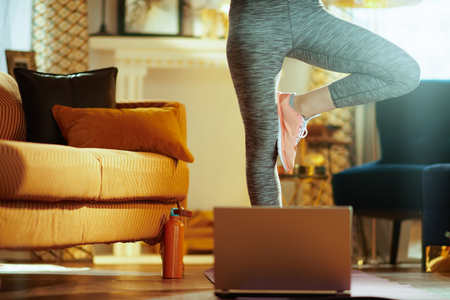 Closeup on fit sports woman in sport clothes in the modern house using online personal fitness trainer service in laptop and stretching.の写真素材