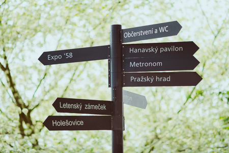 direction sign in Letna Park in Prague, Czech Republic.の写真素材