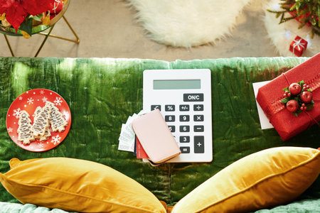 Holiday season. Upper view of purse with money and credit cards and white calculator on sofa in the...