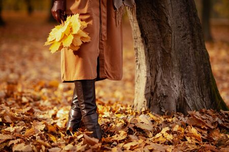 Hello autumn. Closeup on trendy woman in sweater, gloves and scarf with yellow leaves outdoors in the autumn park.の写真素材