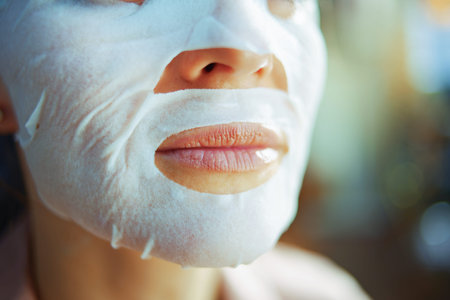 Closeup on 40 years old woman in pajamas with white sheet facial mask on face in the modern living...