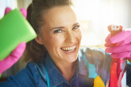 Portrait of happy modern woman in orange apron and pink rubber gloves with spray bottle of cleaning supplies and green sponge housecleaning in the modern living room in sunny day.の写真素材