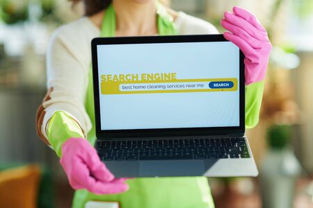 Closeup on woman in green apron and pink rubber gloves in the house in sunny day searching for cleaning service on a laptop.の写真素材