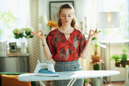 relaxed stylish woman in red blouse and grey pencil skirt with iron and ironing board doing yoga in the modern house in sunny day.の写真素材