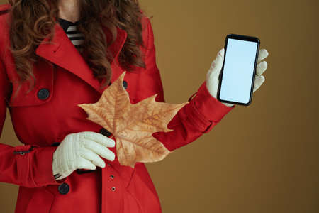 Hello autumn. Closeup on middle aged woman in red coat with yellow autumn maple leaf showing smartphone blank screen against bronze background.の写真素材
