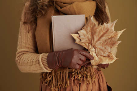 Life during coronavirus pandemic. cheerful elegant 40 years old housewife in scarf with white medical mask and yellow autumn maple leaves against beige background.の写真素材