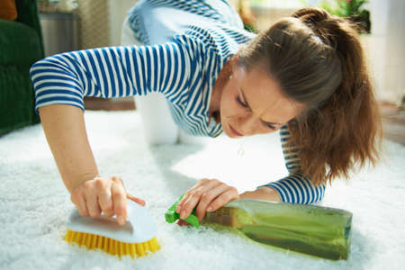 Closeup on woman with vacuum cleaner at home in sunny day.の写真素材