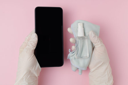 covid flat lay with cleaning cloth, rubber gloves, medical mask and an antibacterial agent on white...