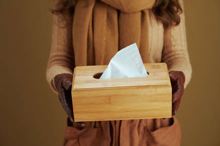 Life during coronavirus pandemic. smiling trendy 40 years old woman in sweater with white medical mask, yellow autumn maple leaves and paper shopping bag on brown background.の写真素材