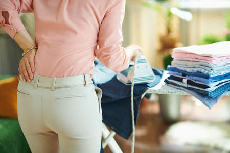 Side view of modern 40 years old housewife in pink shirt and white pants with washed clothes basket ironing on ironing board at modern home in sunny day.の写真素材