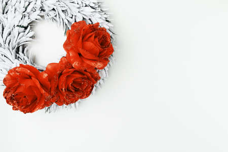 Merry Christmas. flat lay with wreath on white background.の写真素材
