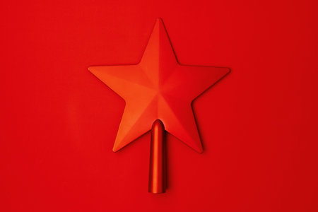 flat lay with christmas ball and credit card on red background.の写真素材