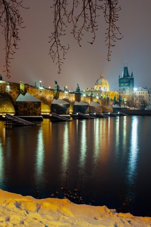 landscape in Prague, Czech Republic in winter at night.の写真素材