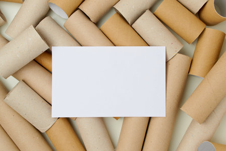 flat lay with broken christmas ball on toilet paper tubes background.