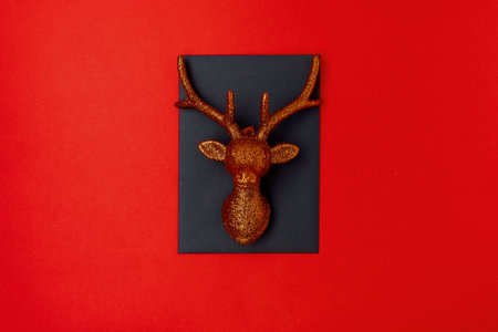 flat lay with christmas jingle bells on red background.の写真素材