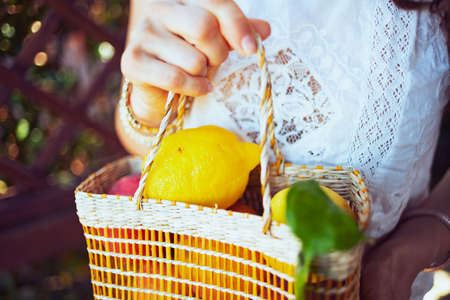 Closeup on woman in white shirt with plate of local farm lemons in the patio.の写真素材