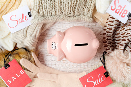 winter flat lay with snowflake, mittens, hats and winter clothes on white knitted background.の写真素材