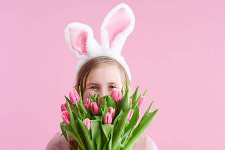 Portrait of happy stylish child in pink dress with bunny ears and easter egg against pink...
