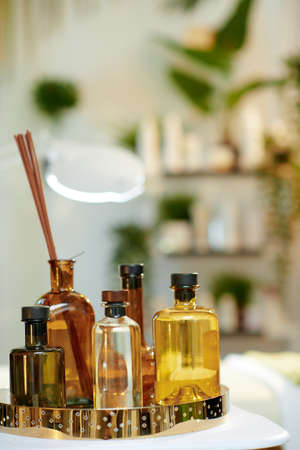 towel, massage table and after covid open sign in modern beauty studio.の写真素材