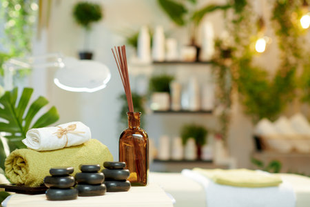 towel, massage table and after covid open sign in modern beauty studio.の写真素材