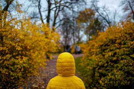 Hello september. Closeup on smiling girl in brown sweater and orange hat showing mushroom outside in the city park in autumn.の写真素材