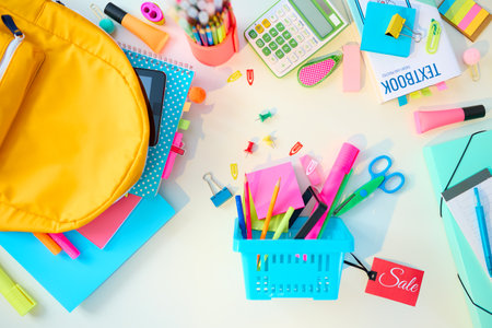 Back to school. Upper view of white table with workbooks, stationary, textbook, tablet pc, backpack and headphones at school child room in sunny day.の写真素材