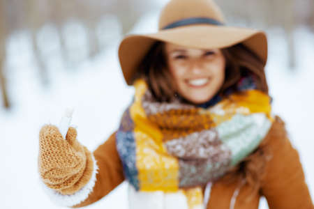 smiling modern 40 years old woman in brown hat and scarf outdoors in the city park in winter in sheepskin coat near snowy branches.の写真素材