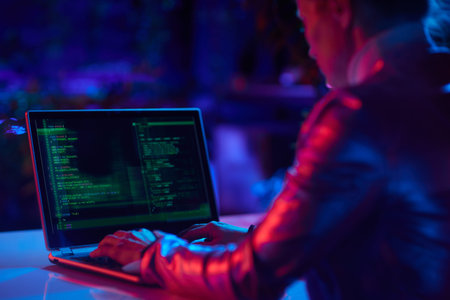 Seen from behind modern woman with laptop decentralized finance coding in modern office.