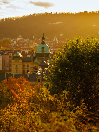 landscape with Straka Academy dome in the evening in autumn in Prague, Czech Republic.の写真素材