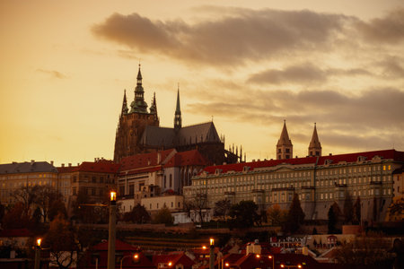 landscape with St. Vitus Cathedral at sunset in autumn in Prague, Czech Republic.の写真素材