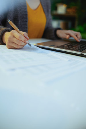 accountant woman with documents and laptop working.