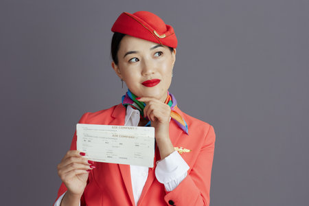 pensive elegant flight attendant asian woman in red skirt, jacket and hat uniform with flight tickets looking at copy space isolated on grey.の写真素材