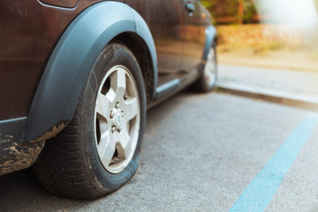 Car accident. Closeup on car with flat tire in the city.