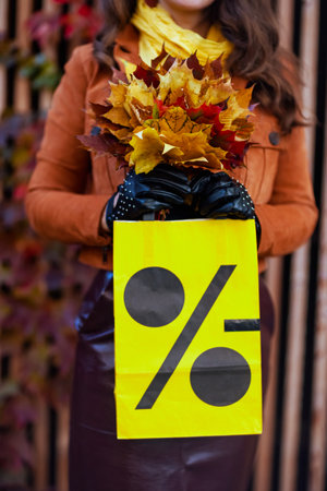Hello autumn. Closeup on elegant woman in brown trench coat with shopping bag and autumn yellow leaves in the city.の写真素材