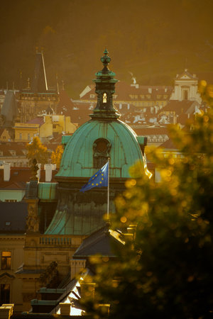 landscape with Straka Academy dome in the evening in autumn in Prague, Czech Republic.の写真素材
