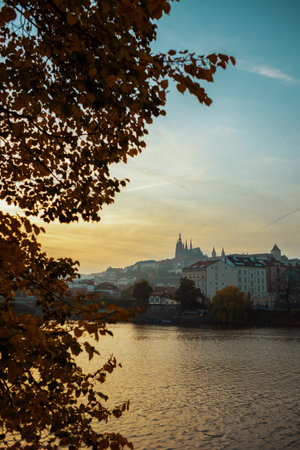 landscape with Vltava river and St. Vitus Cathedral at sunset shot through the foliage in autumn in Prague, Czech Republic.の写真素材
