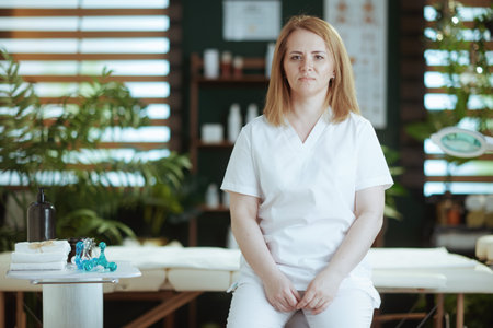 Healthcare time. female medical massage therapist in massage cabinet looking at camera.の写真素材