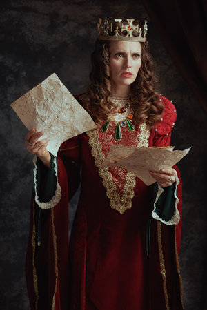 unhappy medieval queen in red dress with parchment and crown on dark gray background.の写真素材