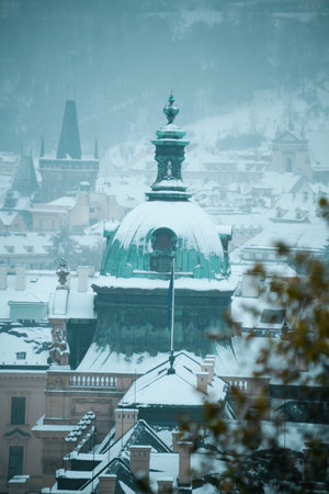 landscape in winter in Prague, Czech Republic with Straka Academy dome.の写真素材